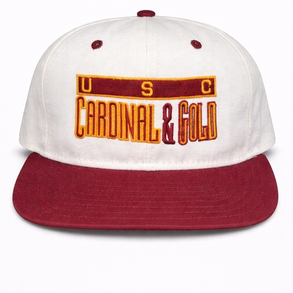 Vintage USC Trojans Hat DeLONG Cardinal & Gold Snapback White Red Made in USA